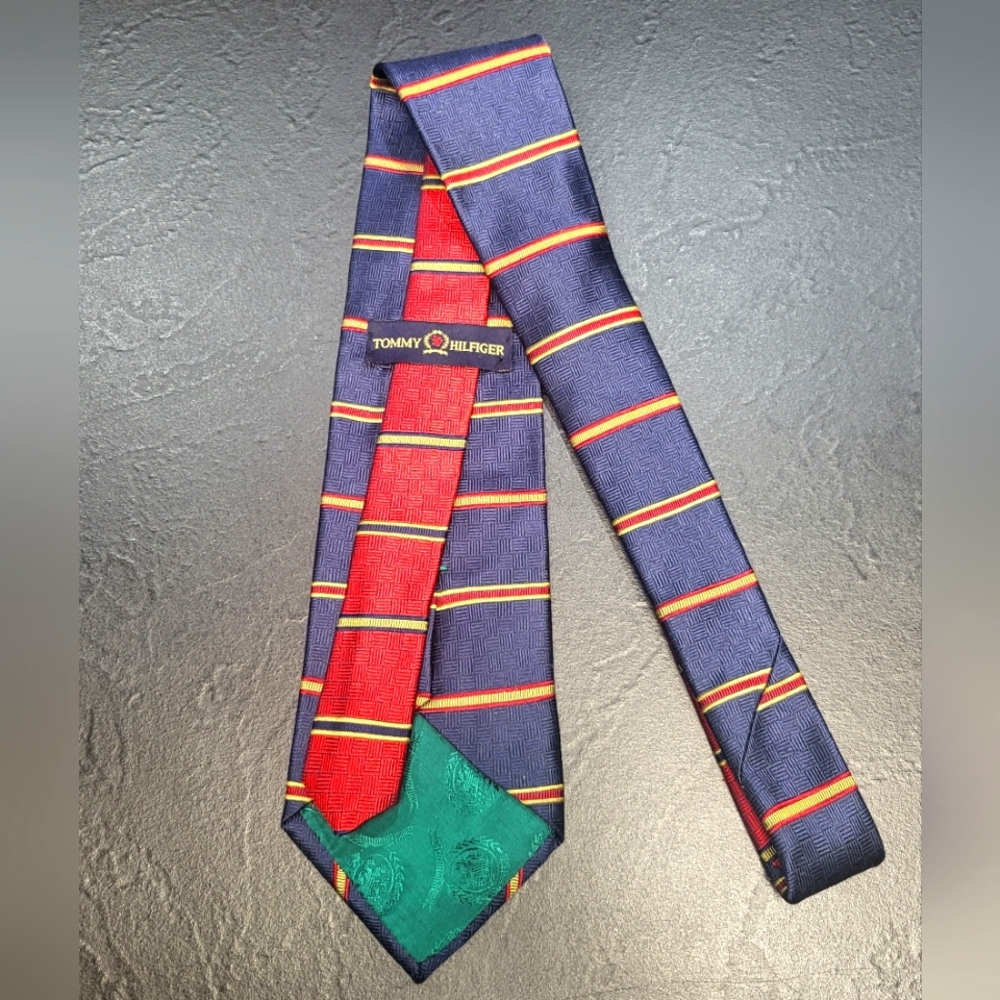 Vintage Tommy Hilfiger 100% Silk Navy Blade Red Tail w/ Gold Bars Green Tipping